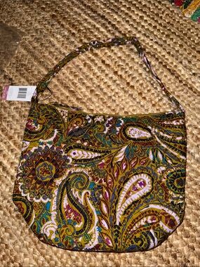 Vera Bradley Olive Green Paisley Shoulder Bag with Pink & Teal Accents